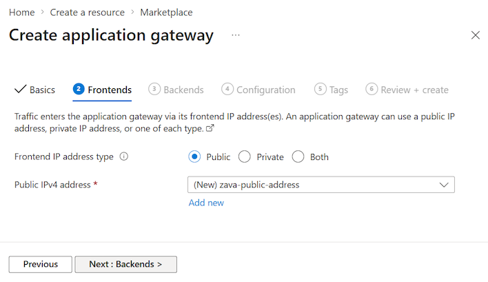 Screenshot that shows how to set the public IP address for application gateway access in the Azure portal.