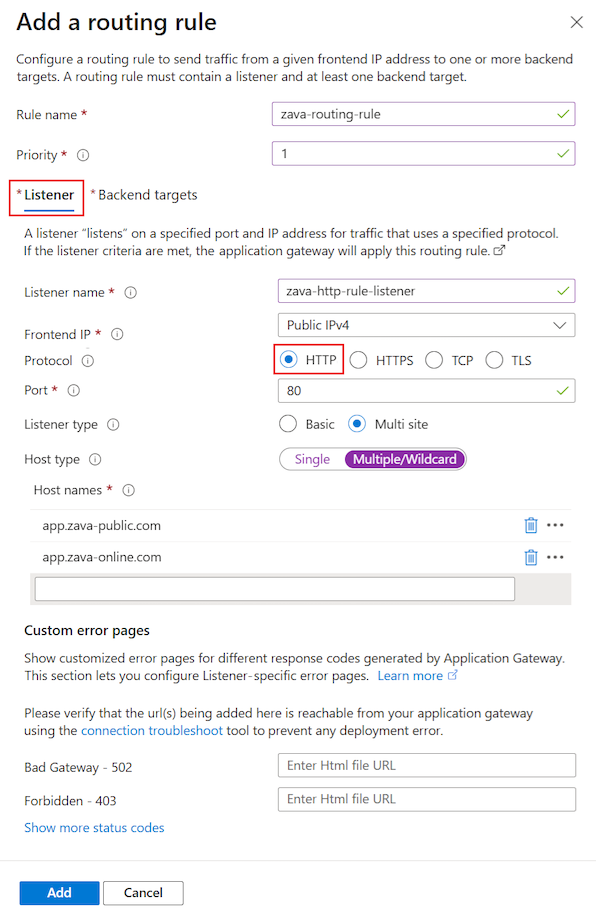 Screenshot that shows how to configure the listener for an HTTP routing rule the application gateway.