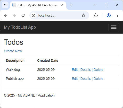 Screenshot that shows the ASP.NET to-do list web app running locally in development.
