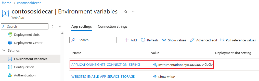 Screenshot showing a web app's Configuration page with two app settings added.