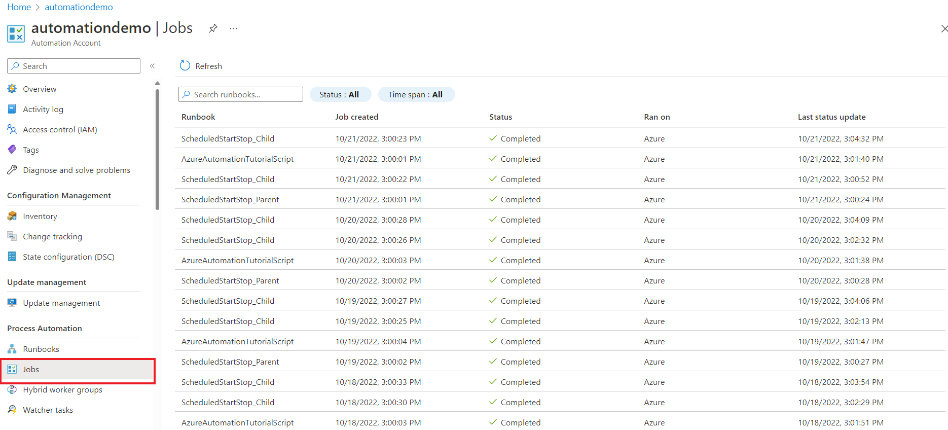 Screenshot showing to select jobs menu from automation account.