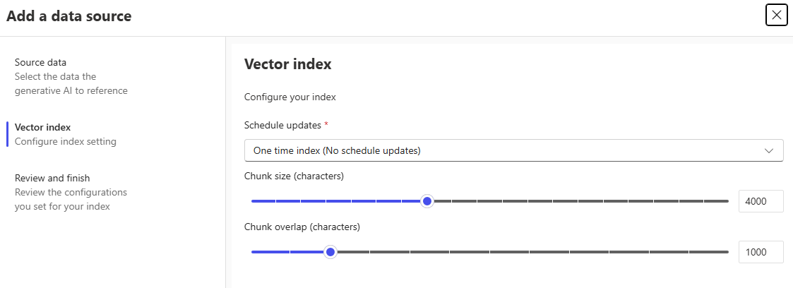 Screenshot of the vector index tab where you configure chunk size and overlap.