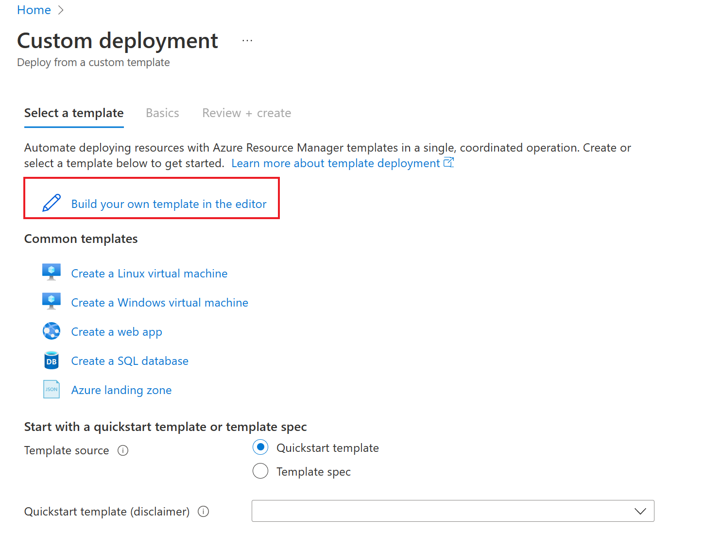 Screenshot that shows how to get started building a template.