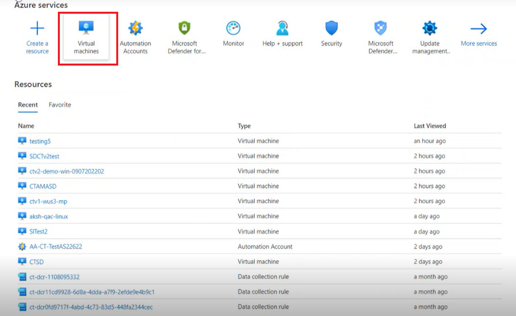 Screenshot that shows how to select a VM from the portal.