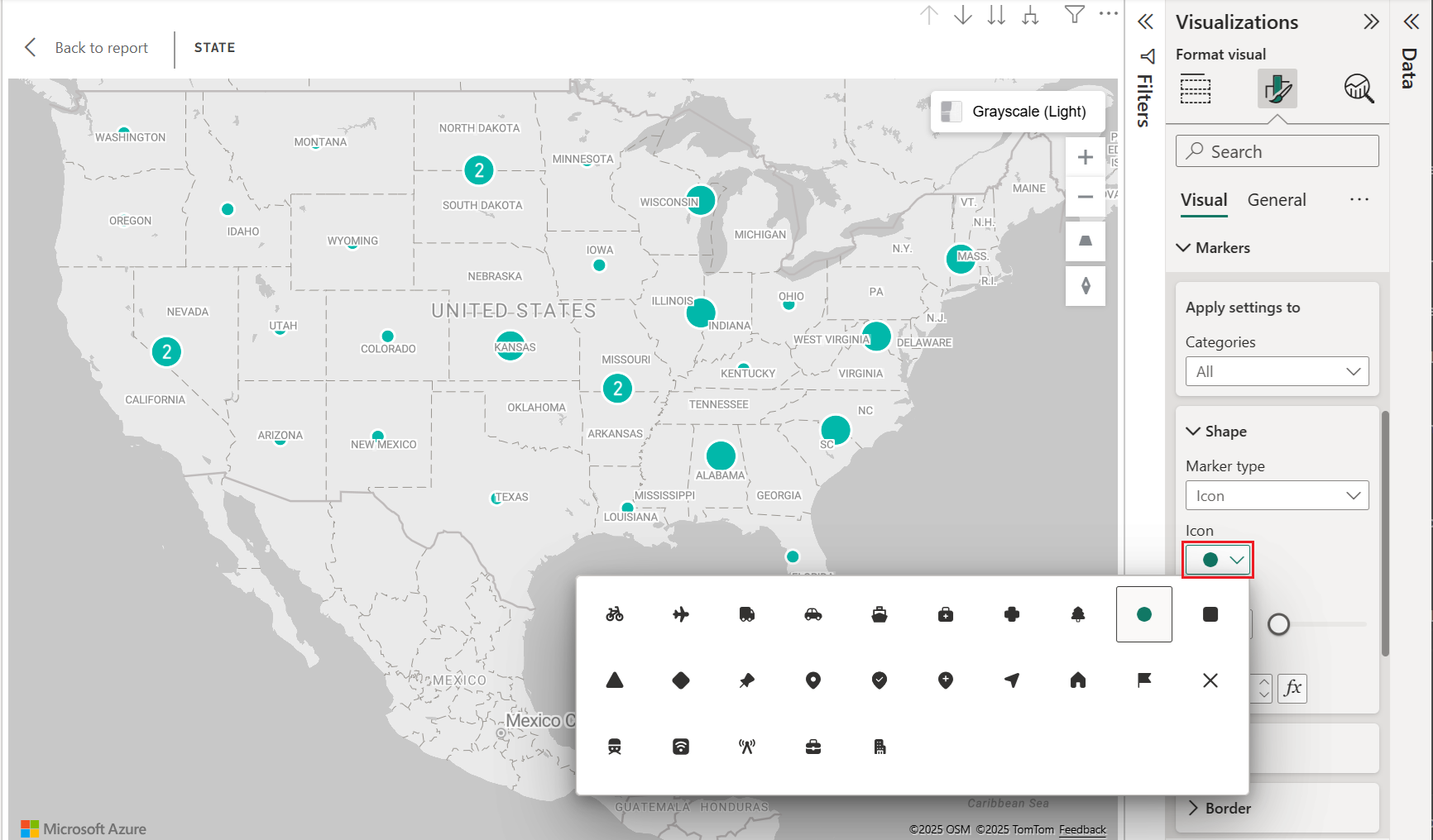 Screenshot showing available marker icons in the visualization pane.