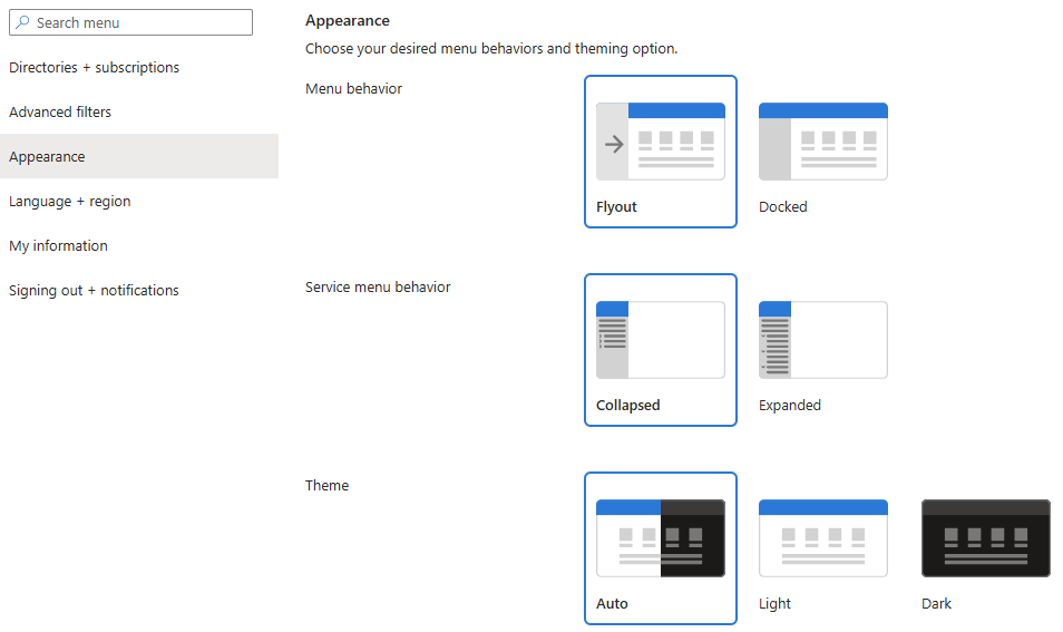 Screenshot showing the Appearance section of Appearance + startup views.