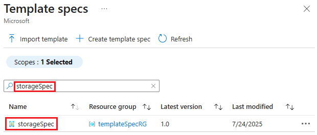 Screenshot of a template specs list with one item selected.