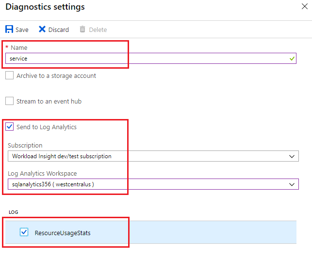 Screenshot of Configure diagnostics for managed instance.