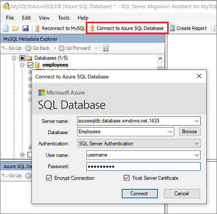 Screenshot of the 'Connect to Azure SQL Database' pane in SSMA for MySQL.