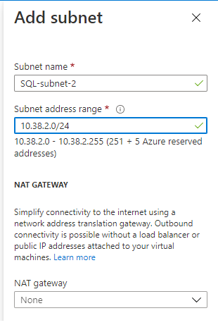 Screenshot of the add subnet pane in the Azure portal.