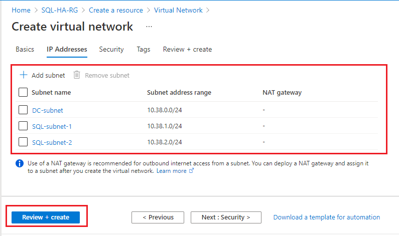 Screenshot validating the subnets when creating a virtual network in the Azure portal.