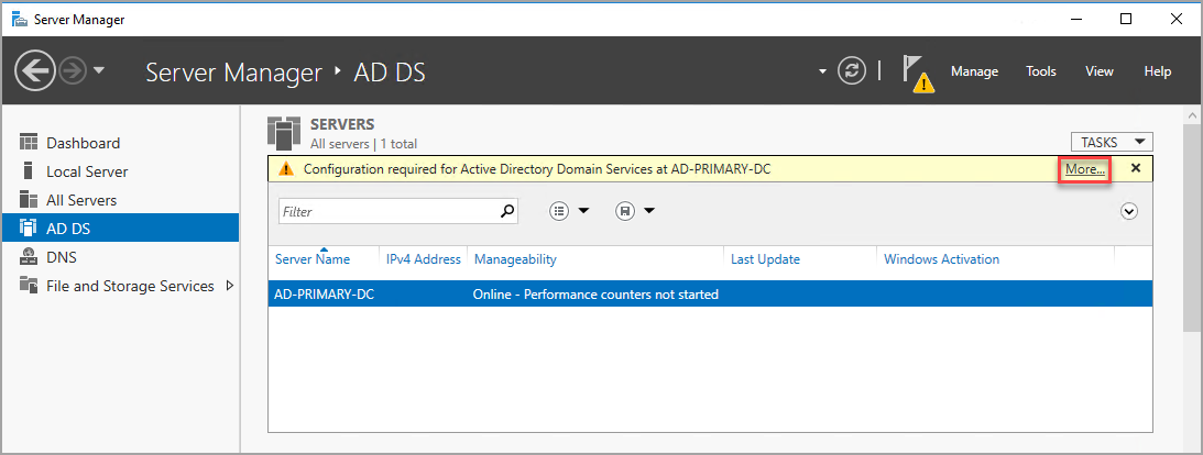 Screenshot of the AD DS dialog on the DNS Server VM.