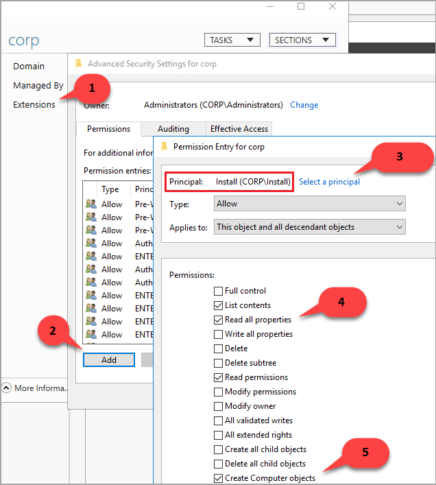 Screenshot of the Active Directory Administrative Center - Corp user permissions
