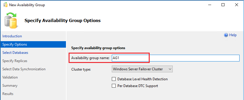 Screenshot of the Specify Options page of the New Availability Group Wizard in SSMS.
