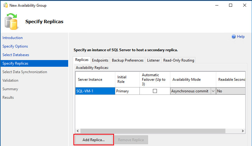 Screenshot of the Specify Replicas page in the New Availability Group Wizard in SSMS.