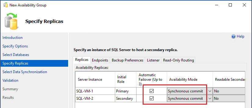 Screenshot of the Specify Replicas page in the New Availability Group Wizard in SSMS, with automatic failover and availability mode highlighted.