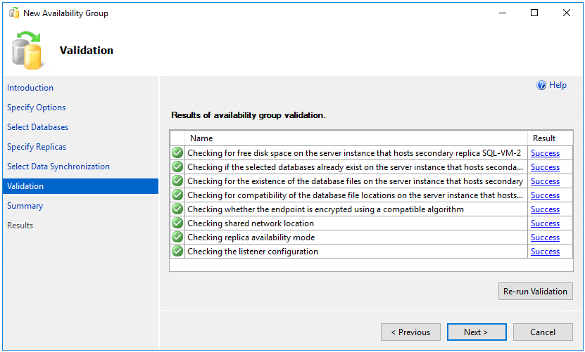 Screenshot of the Validation page in the New Availability Group Wizard in SSMS.