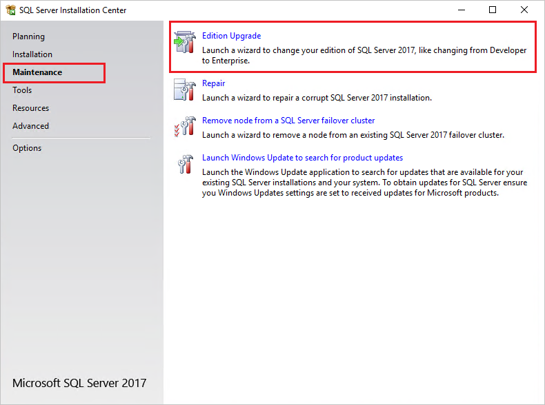Screenshot of the SQL Server Installation Center with Edition Upgrade selected.