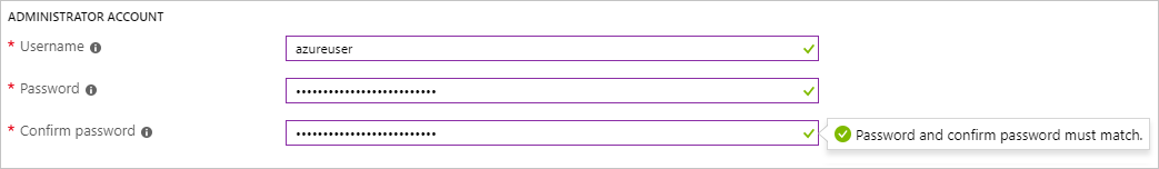 Screenshot showing the Administrator account section when creating your SQL VM in the Azure portal.
