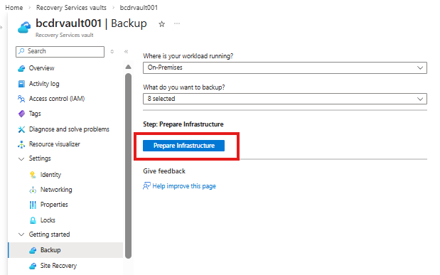 Screenshot that shows the Prepare infrastructure option selected in the Backup Goals pane.