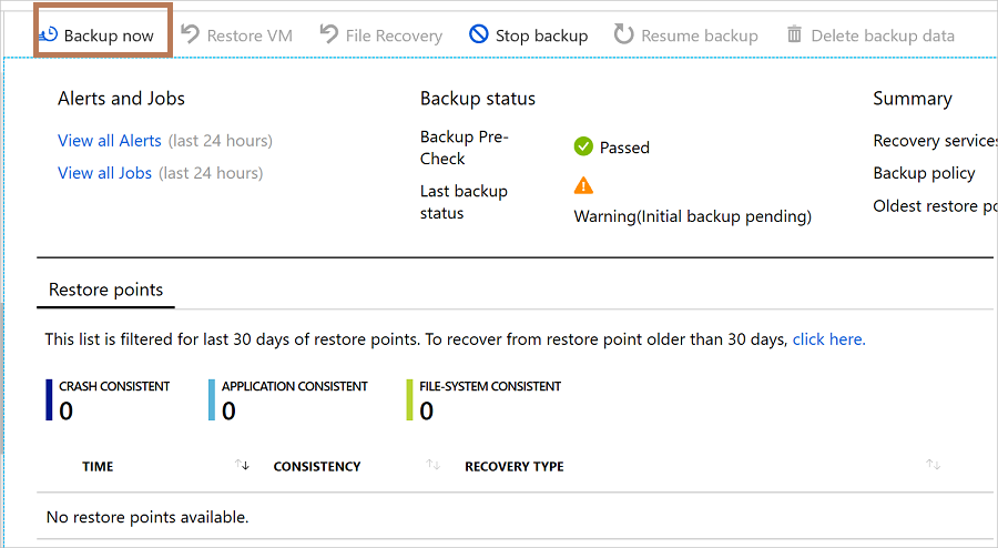 Screenshot that shows how to run an on-demand backup.