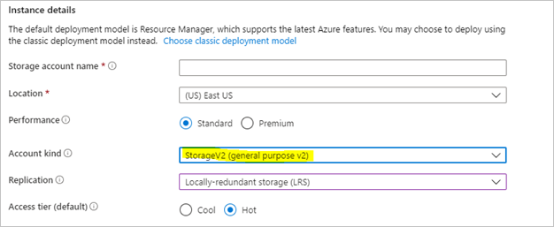 Screenshot shows how to create a storage account with Resource Manager development.