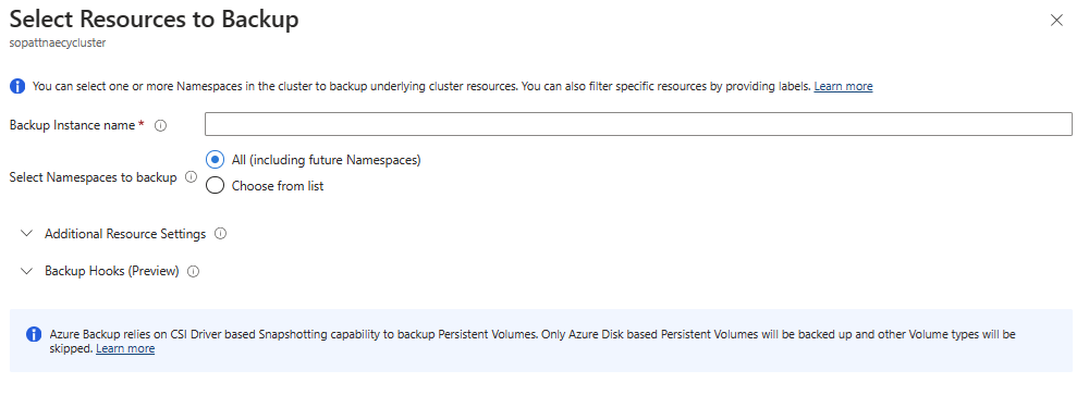 Screenshot showing how to select resources including Azure Files volumes.