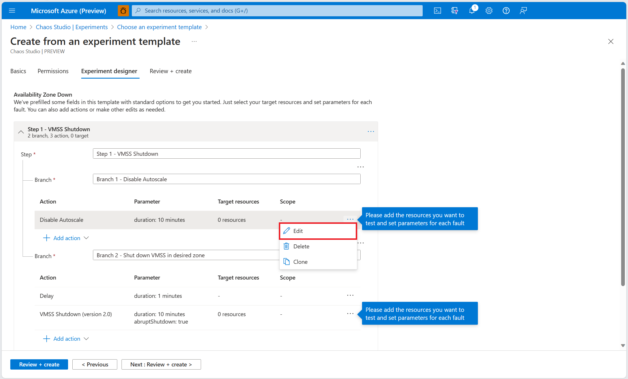 Screenshot that shows the experiment designer screen, with the edit button within the disable autoscale fault highlighted.