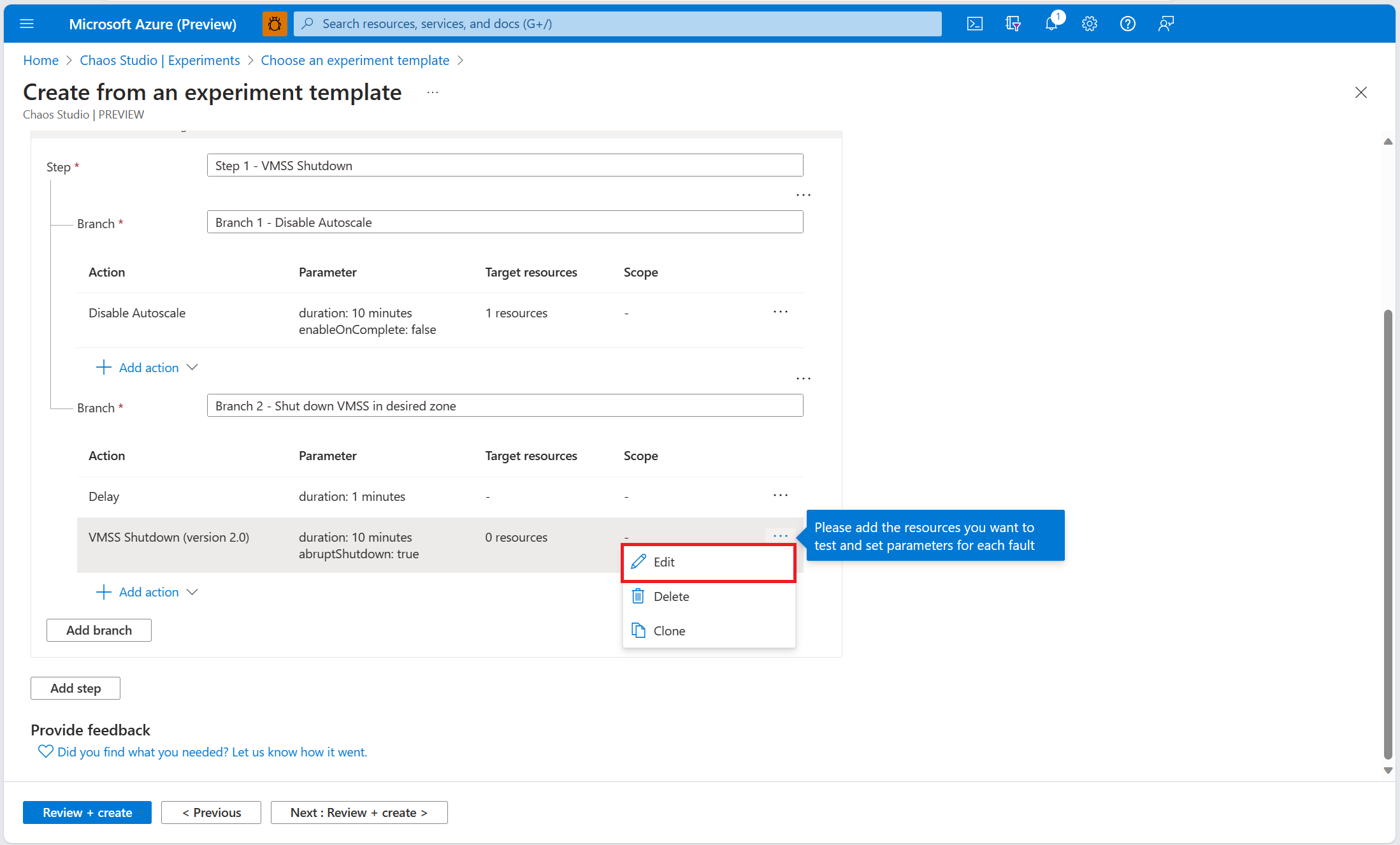 Screenshot that shows the experiment designer screen, with the edit button within the Virtual Machine Scale Set shutdown fault highlighted.