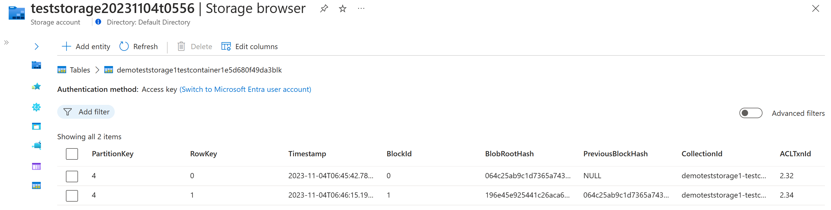 Screenshot that shows the block table where digest information is stored.
