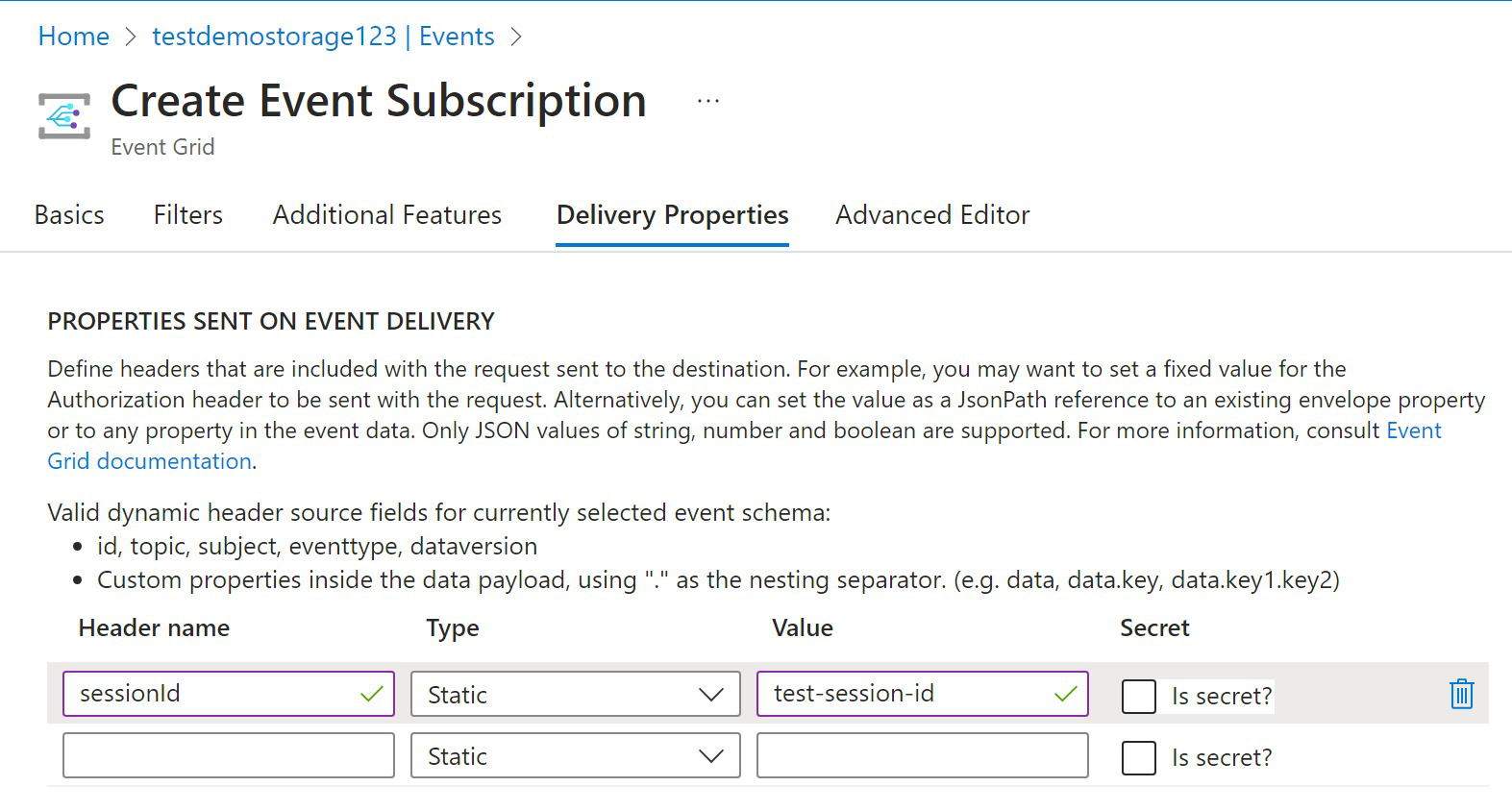 Screenshot that shows how to set up a storage event subscription session ID.