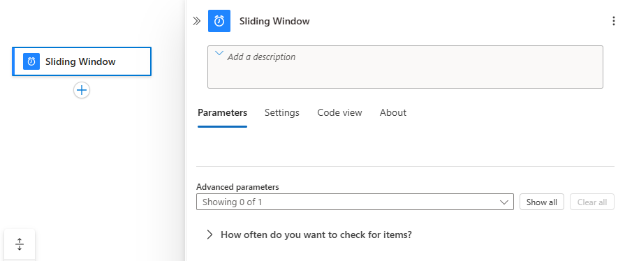 Screenshot shows designer with unconfigured trigger named Sliding Window.