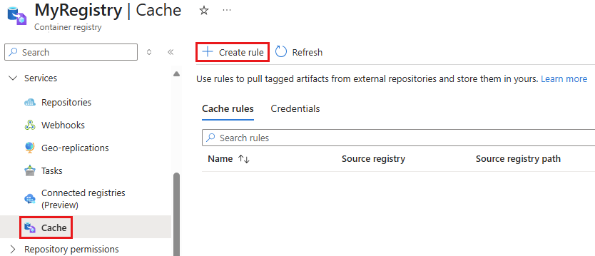 Screenshot showing the Create rule command for a container registry in the Azure portal.