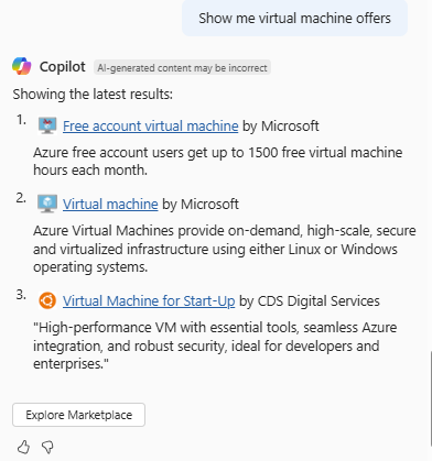 Screenshot of Azure Copilot providing options for virtual machine offers in Azure Marketplace.