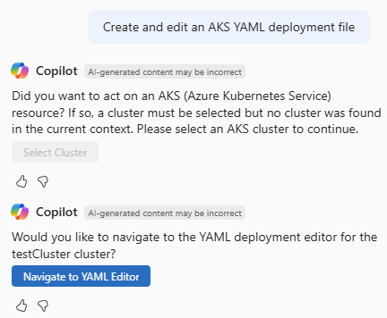 Screenshot of a prompt for help generating an AKS YAML file in Azure Copilot.
