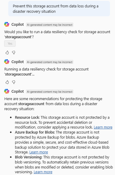 Screenshot showing Azure Copilot providing suggestions to improve storage account data resiliency.