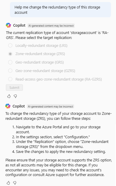 Screenshot of Azure Copilot confirming the target replication for a storage account.