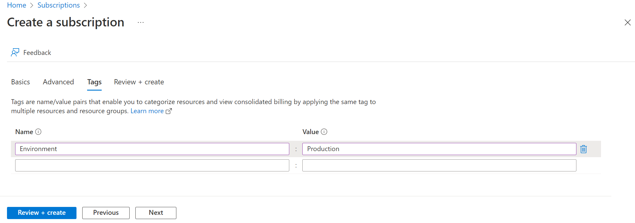 Screenshot showing the tags tab where you enter tag and value pairs.