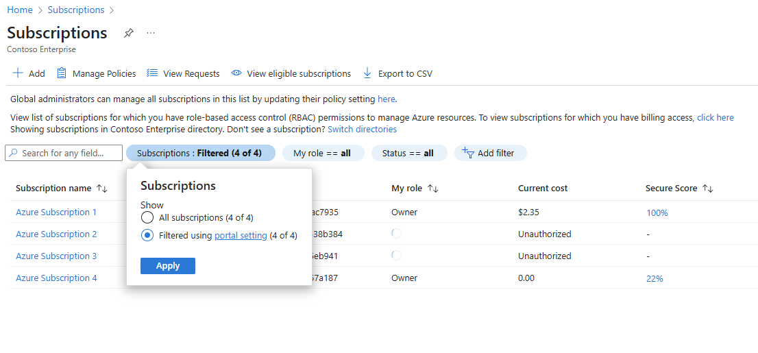 Subscription page filter by portal setting.