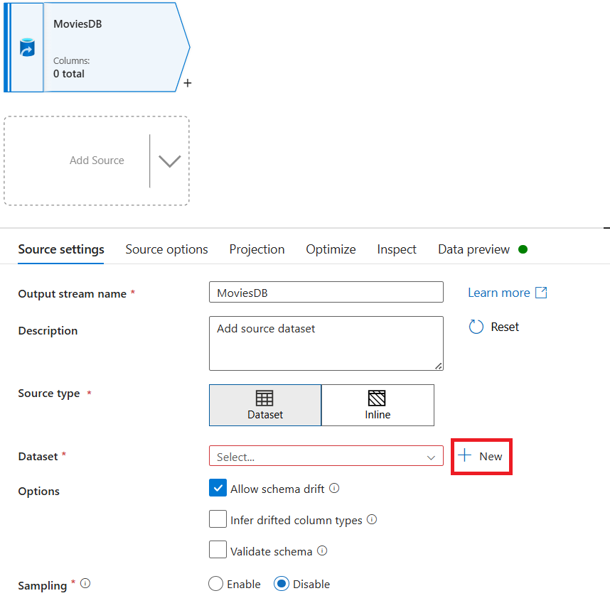Screenshot that shows where you select New after you name your source.