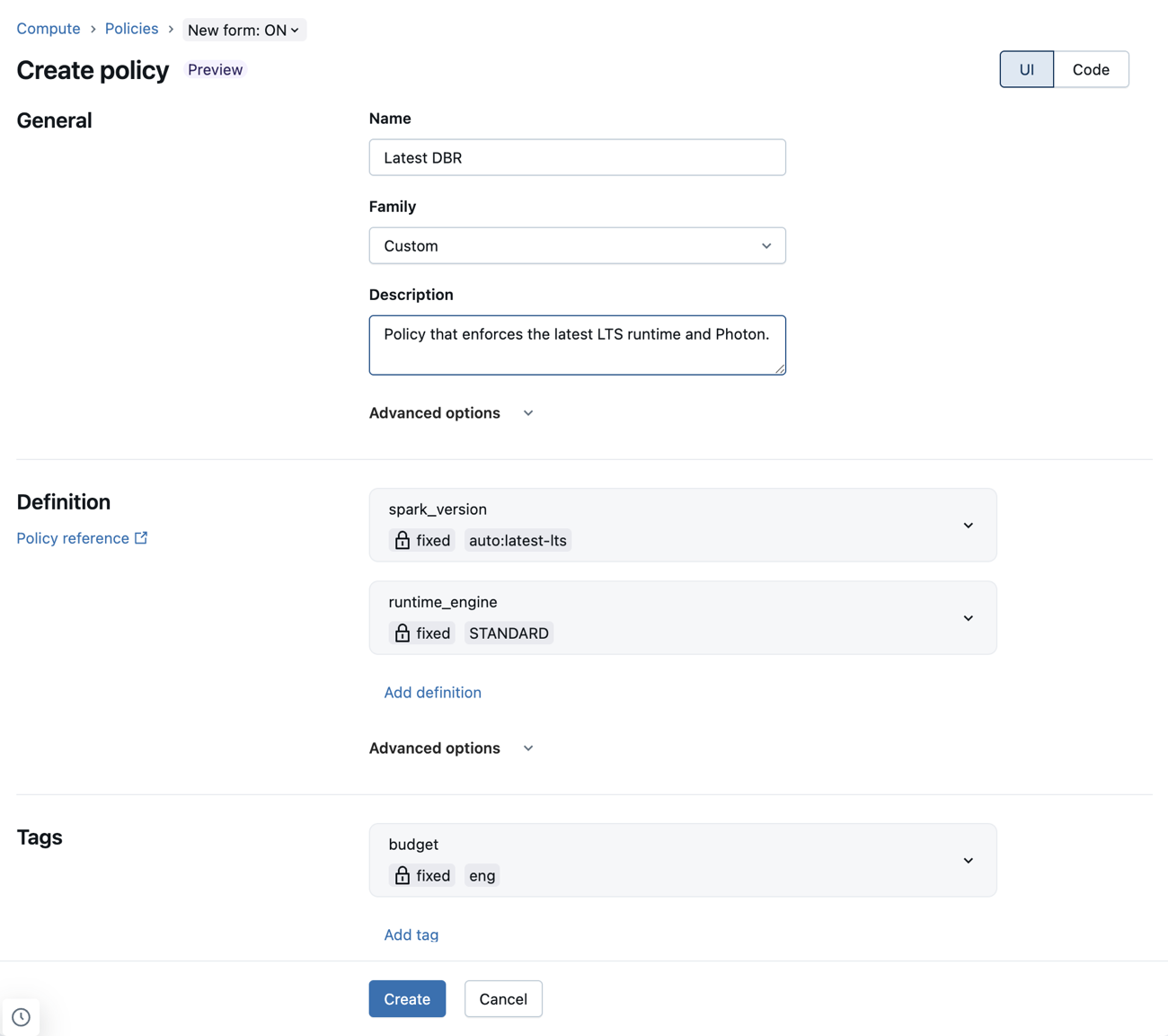 New compute policy form