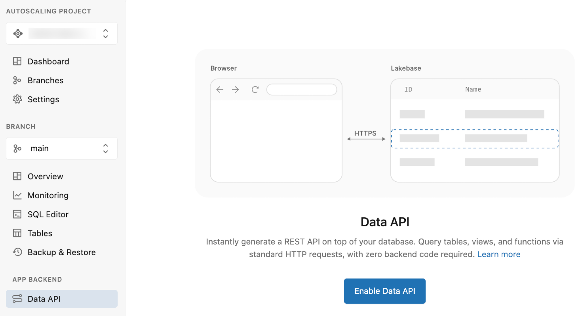 Enable Data API button