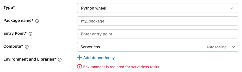 Environment and Libraries section for a Python wheel task showing the Add dependency link