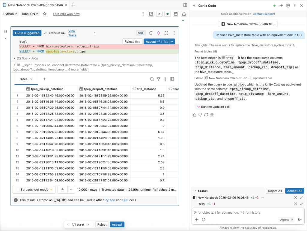 Using Genie Code to replace a Hive metastore table with a UC equivalent.