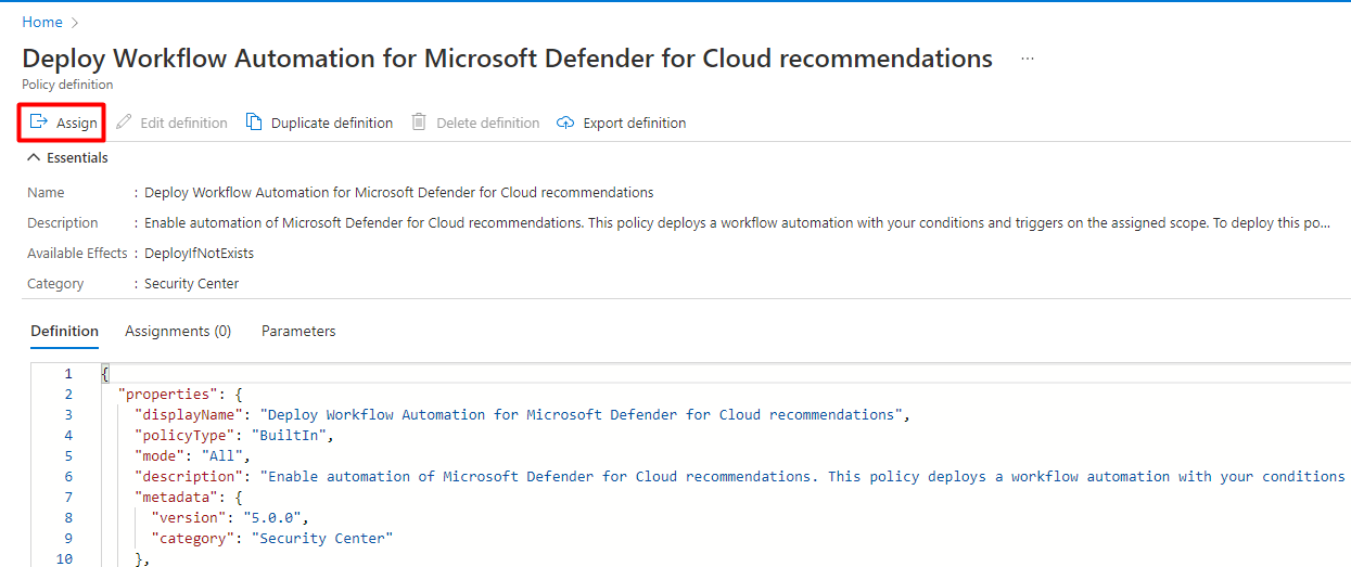 Screenshot that shows how to assign the Azure policy.
