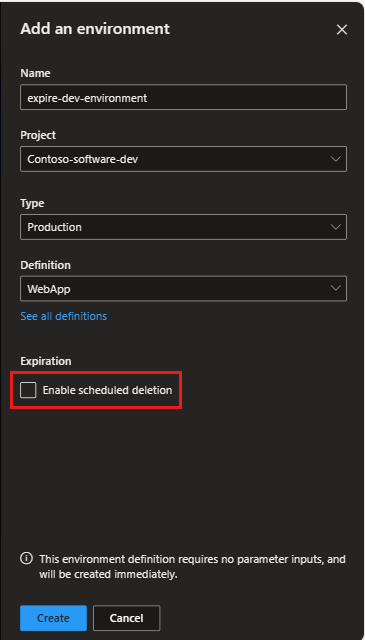 Screenshot showing the Add an environment pane. The Enable scheduled deletion checkbox is highlighted.