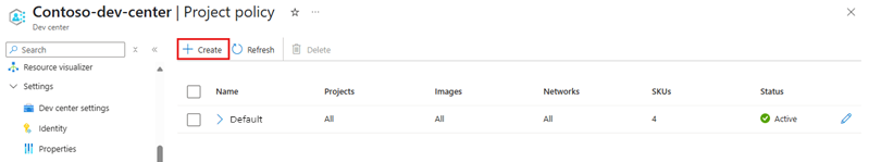 Screenshot showing the Create button for a custom project policy in the Azure portal.