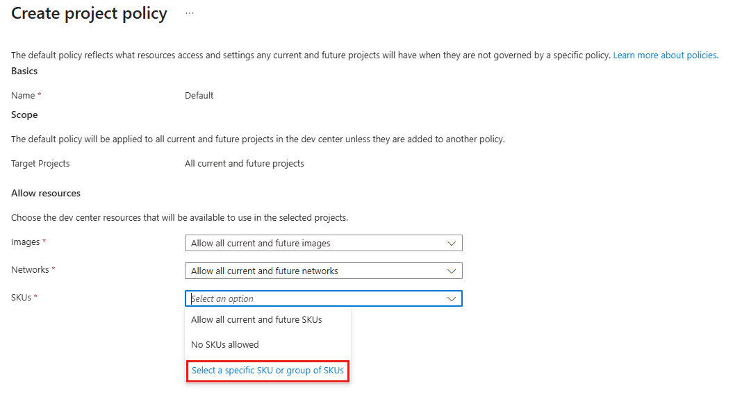 Screenshot showing the Create project policy page, with Select SKUs highlighted.