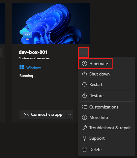 Screenshot of the developer portal, showing a dev box with the actions menu open and the hibernate option highlighted.