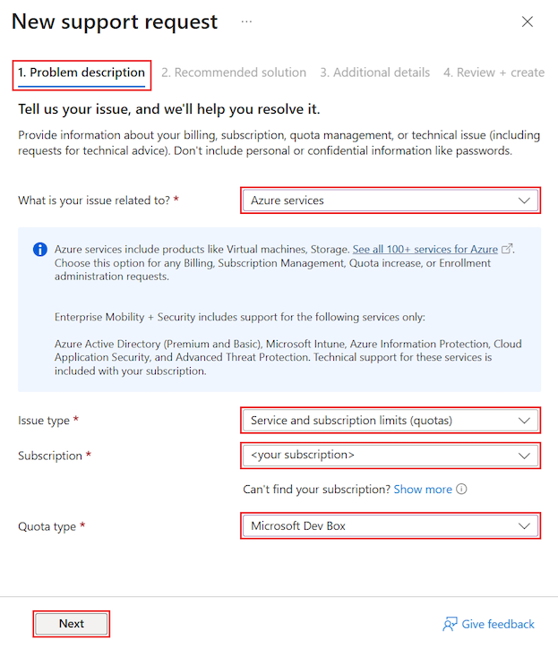 Screenshot showing the Problem description tab for a new support request with the required settings highlighted.
